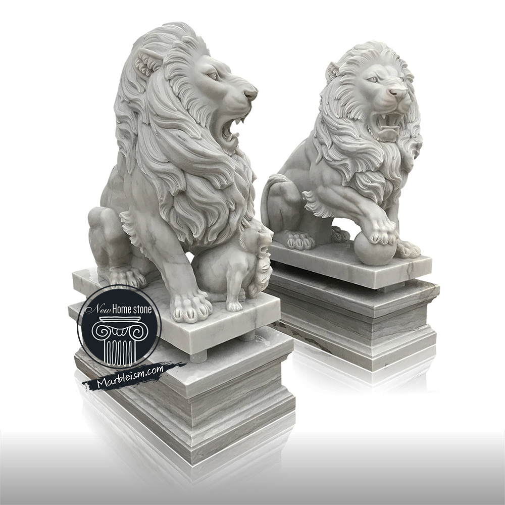 Pair Stone Lion Statue With Pedestal