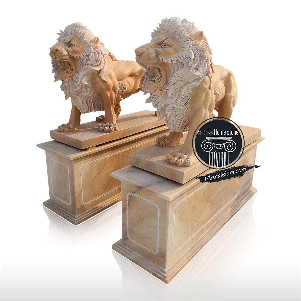 Statue of Roaring lion in pair; marble lion