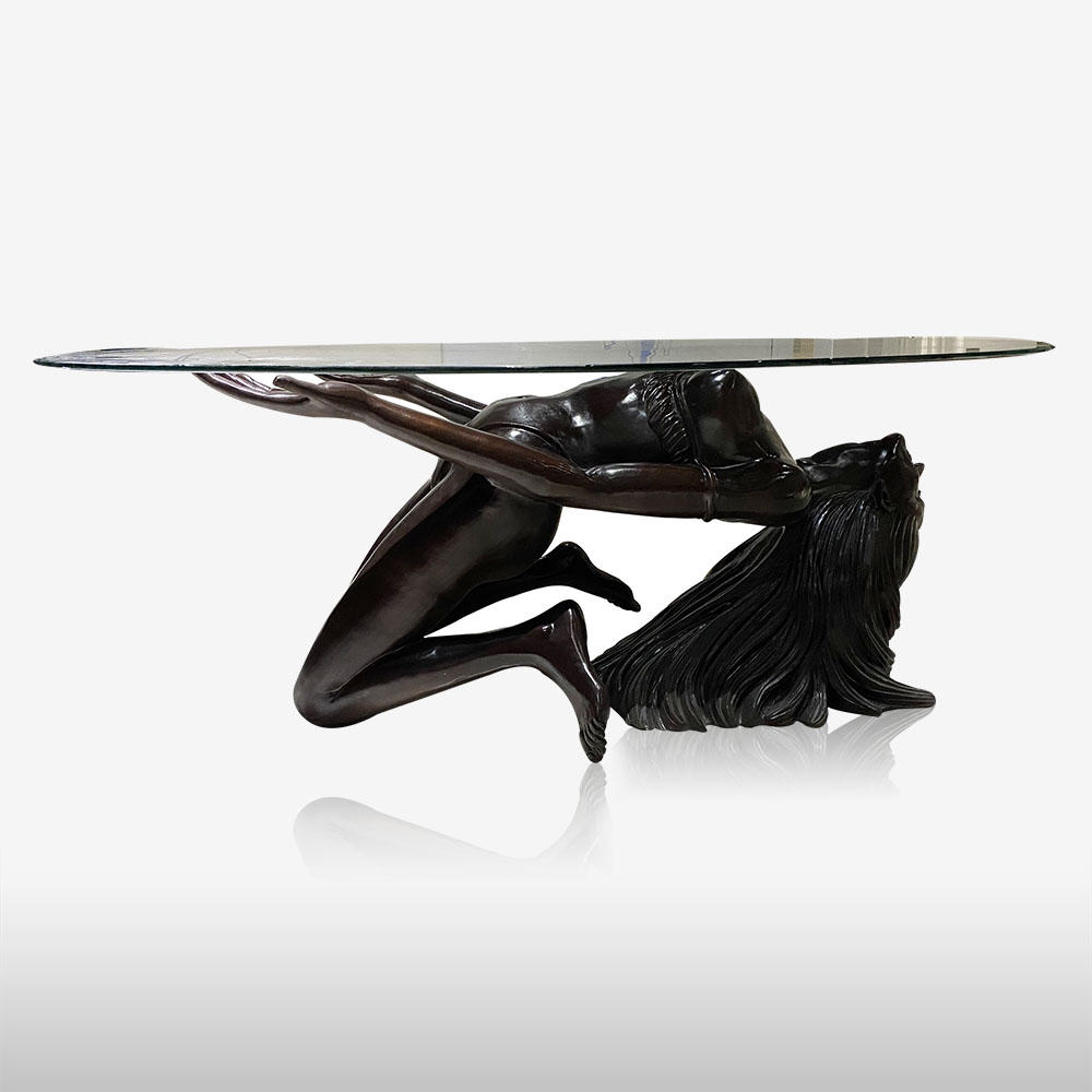Coffee table with Bronze nude female base, Nude dancer bronze statue glass table
