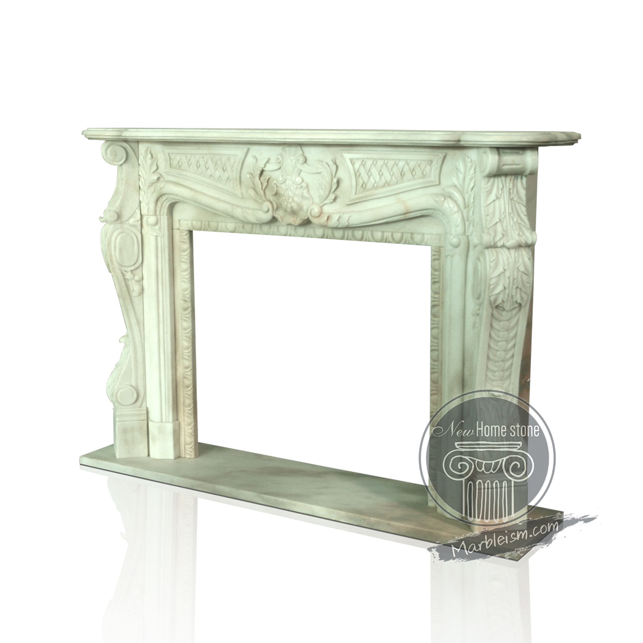 Carved White marble fireplace mantel with hearth