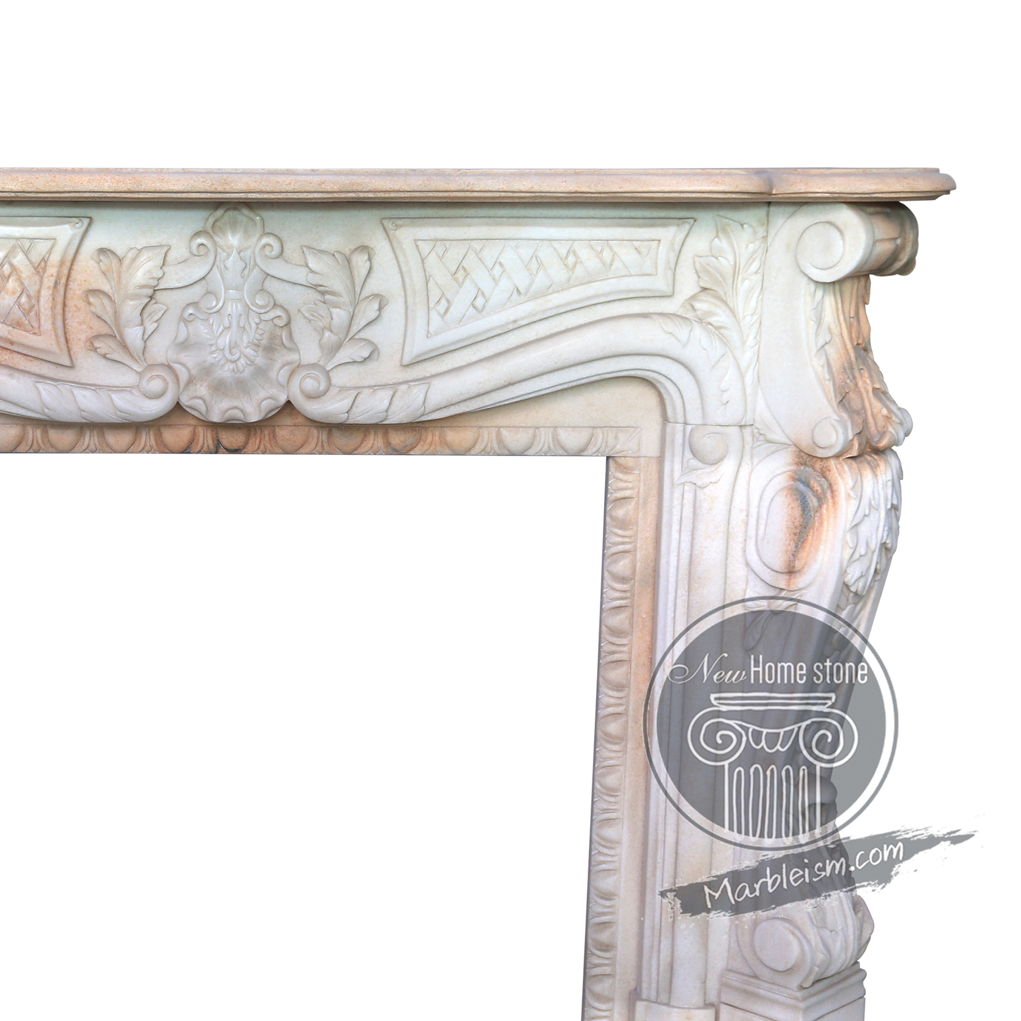 Carved White marble fireplace mantel with hearth