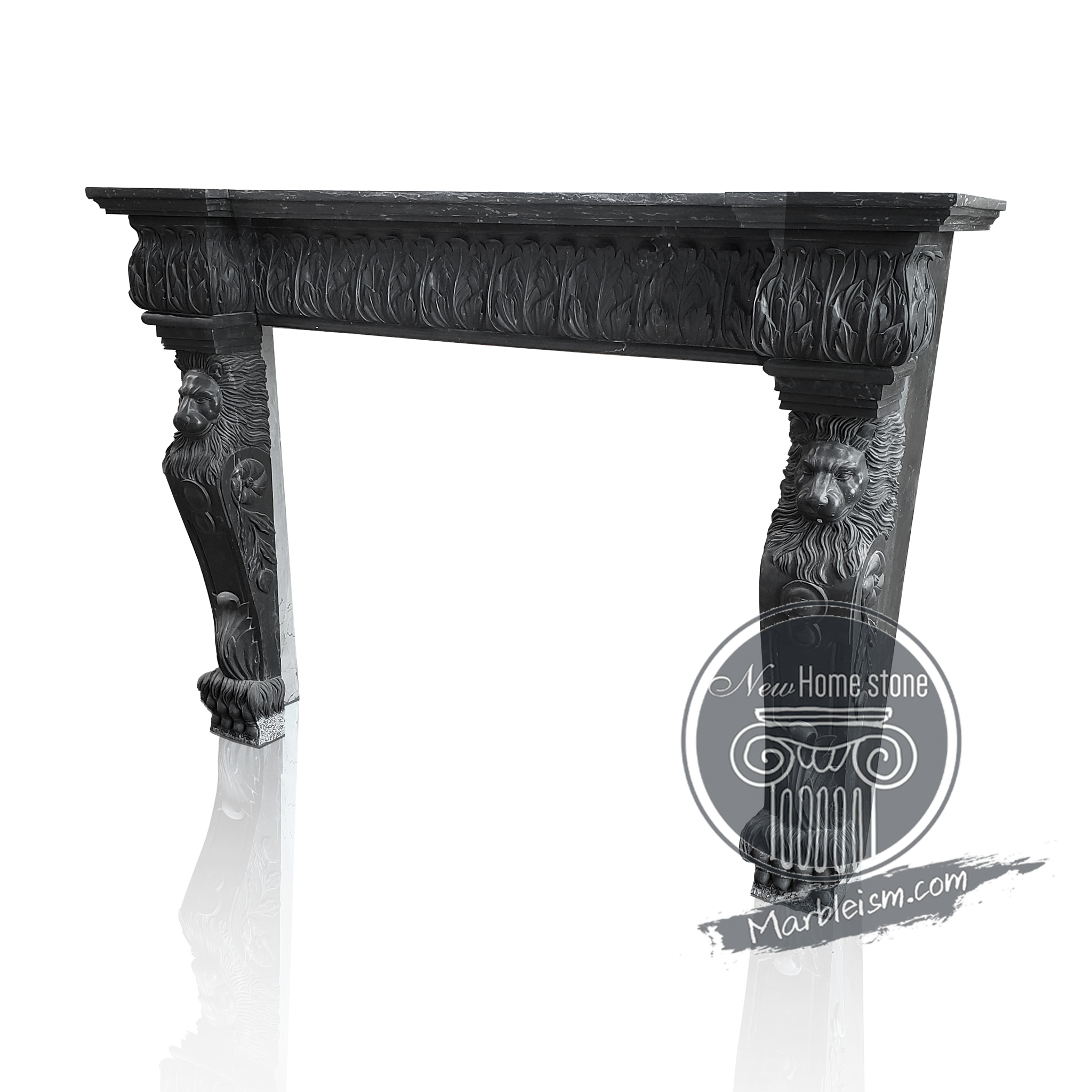 black stone fireplace mantel with lion head carving