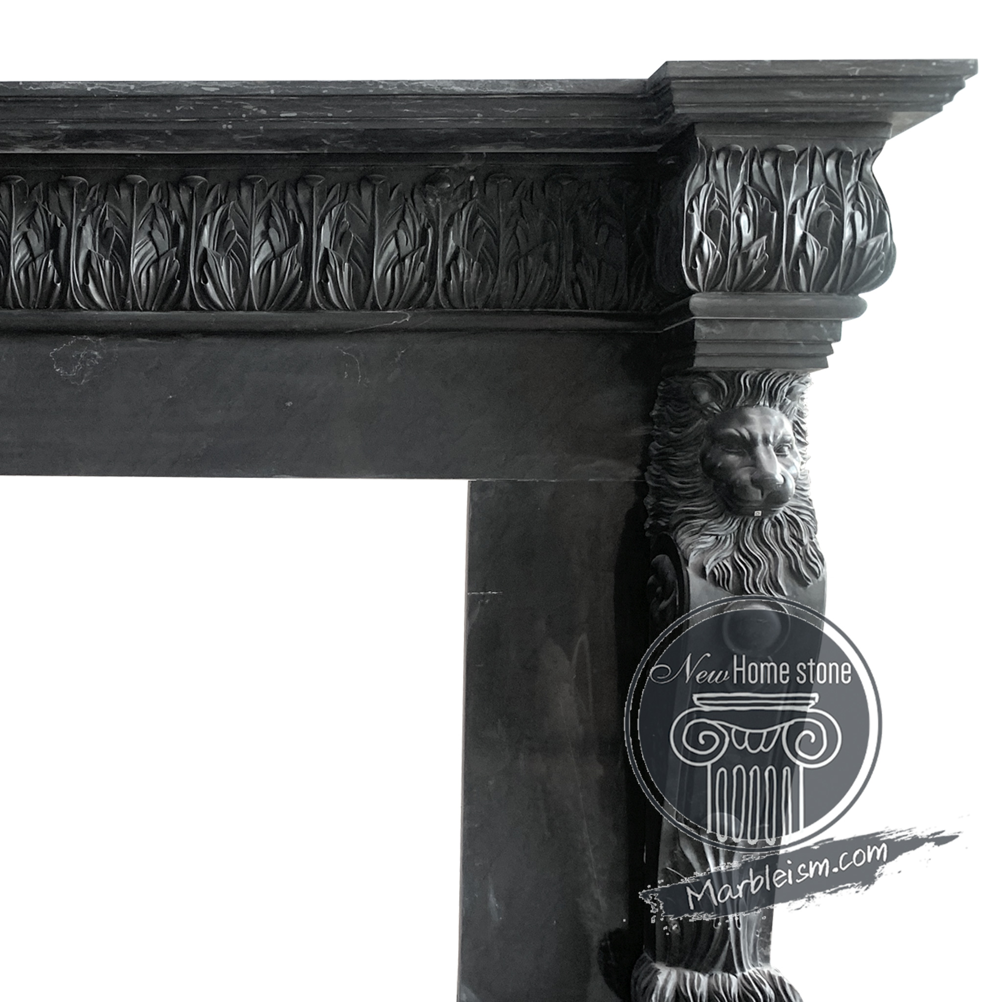 black stone fireplace mantel with lion head carving