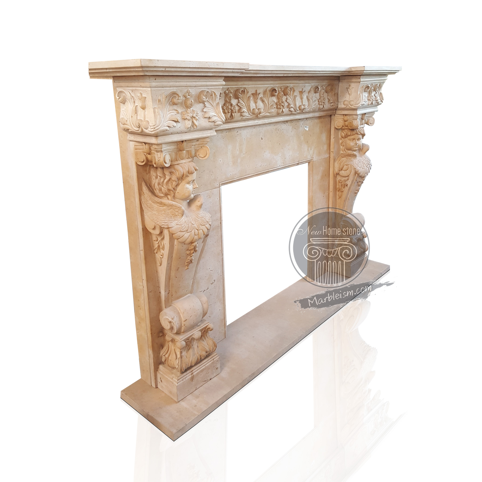 Golden Marble Mantel Design with Sculpted Figures