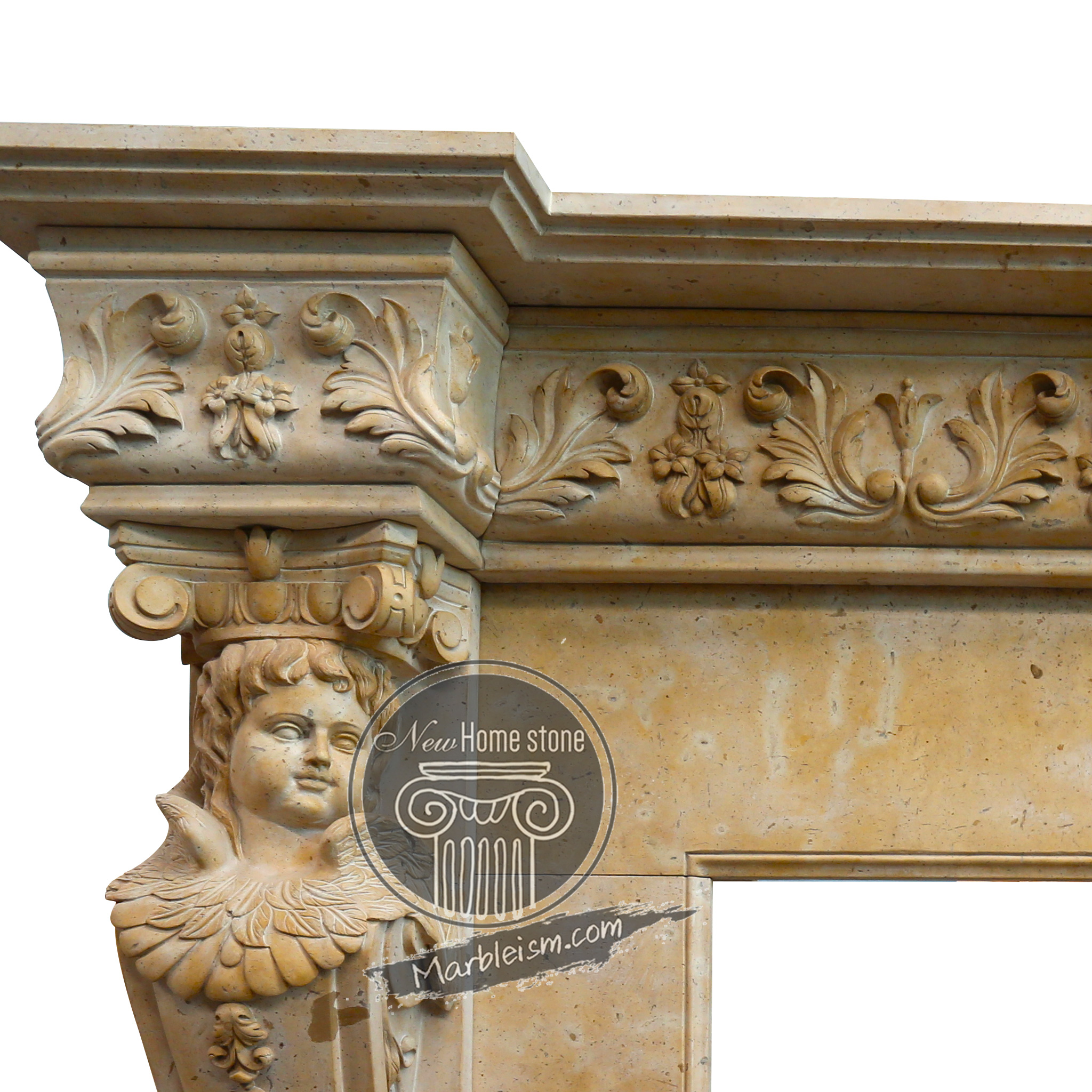 Golden Marble Mantel Design with Sculpted Figures