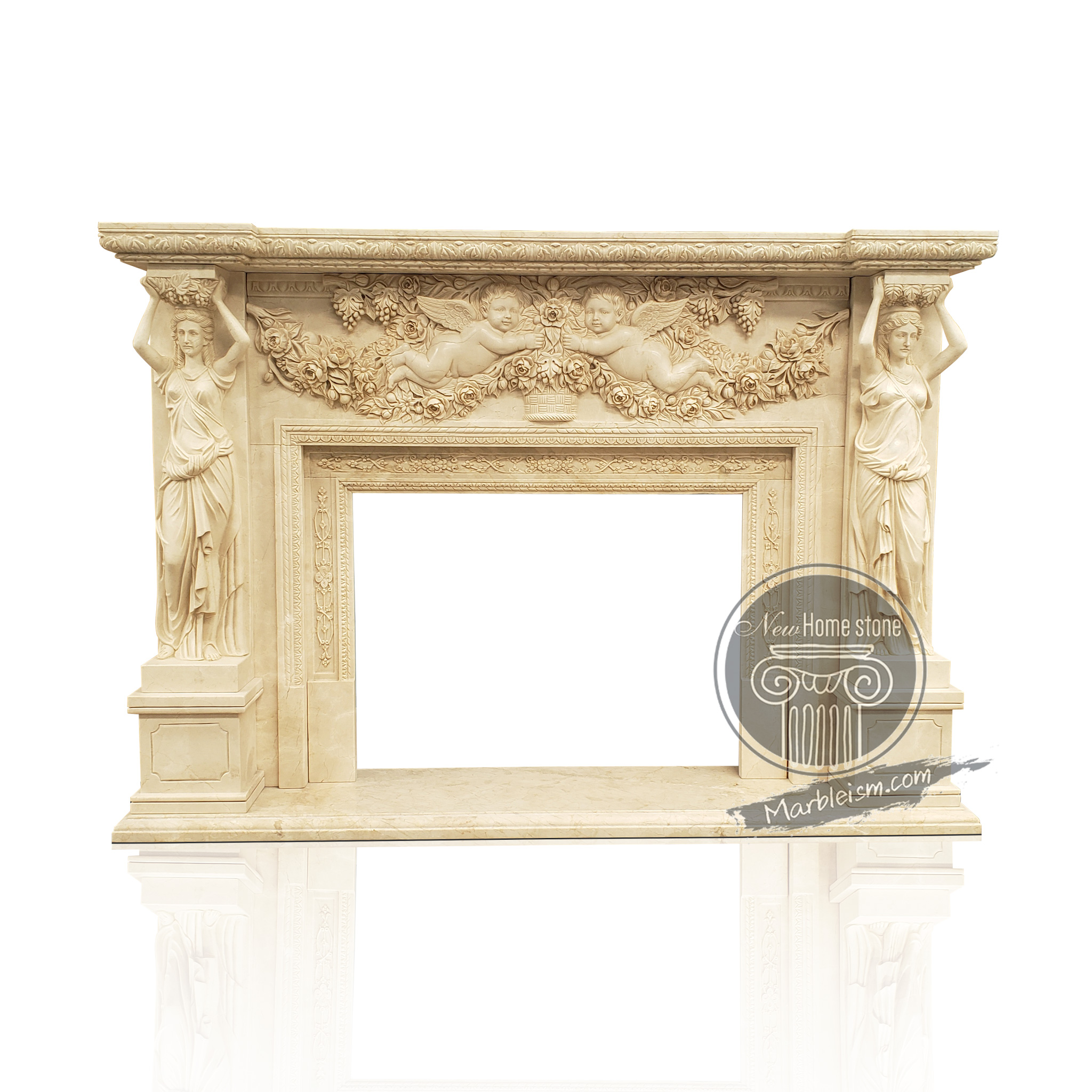 Beige Marble Figurative Fireplace Mantel