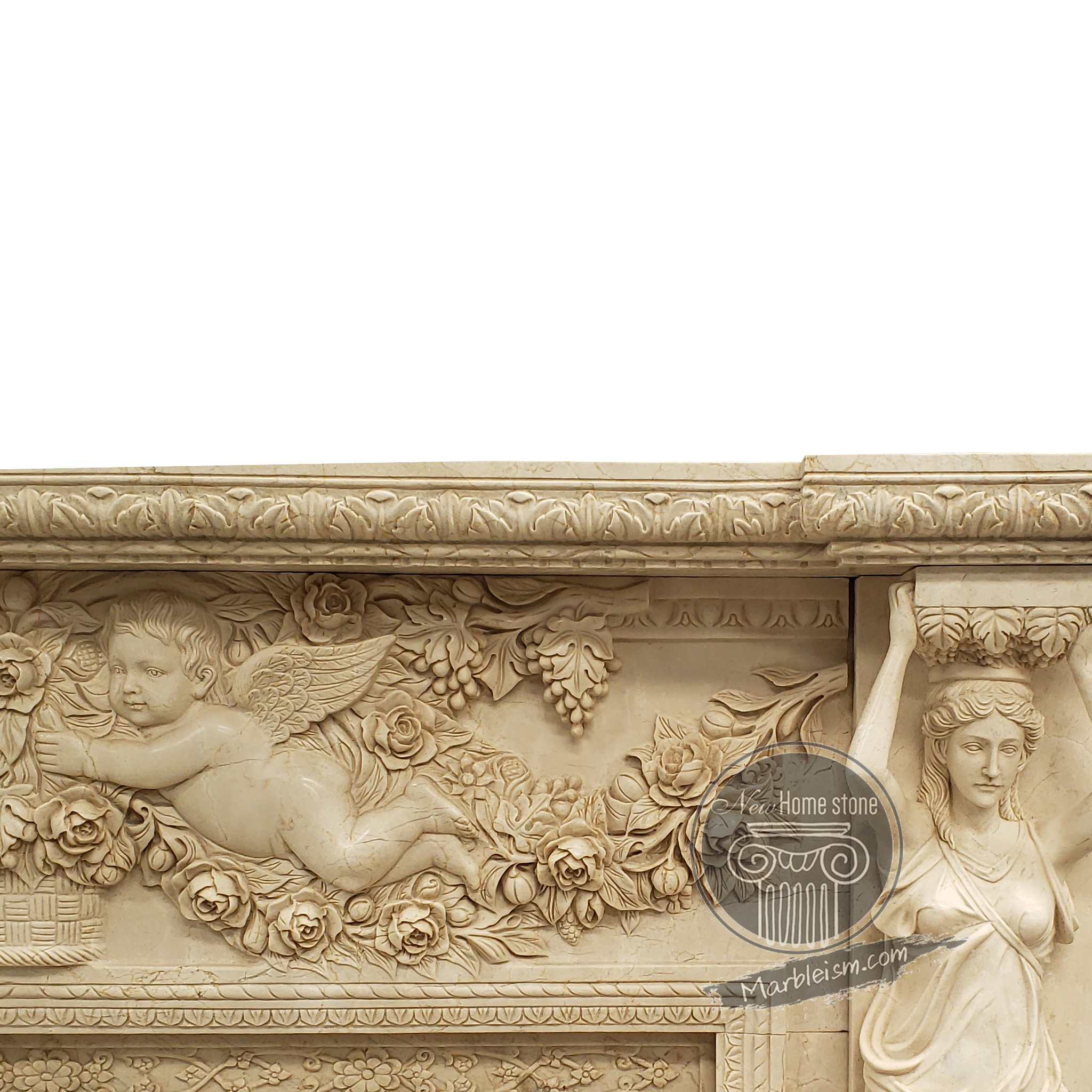 beige marble figurative fireplace mantel