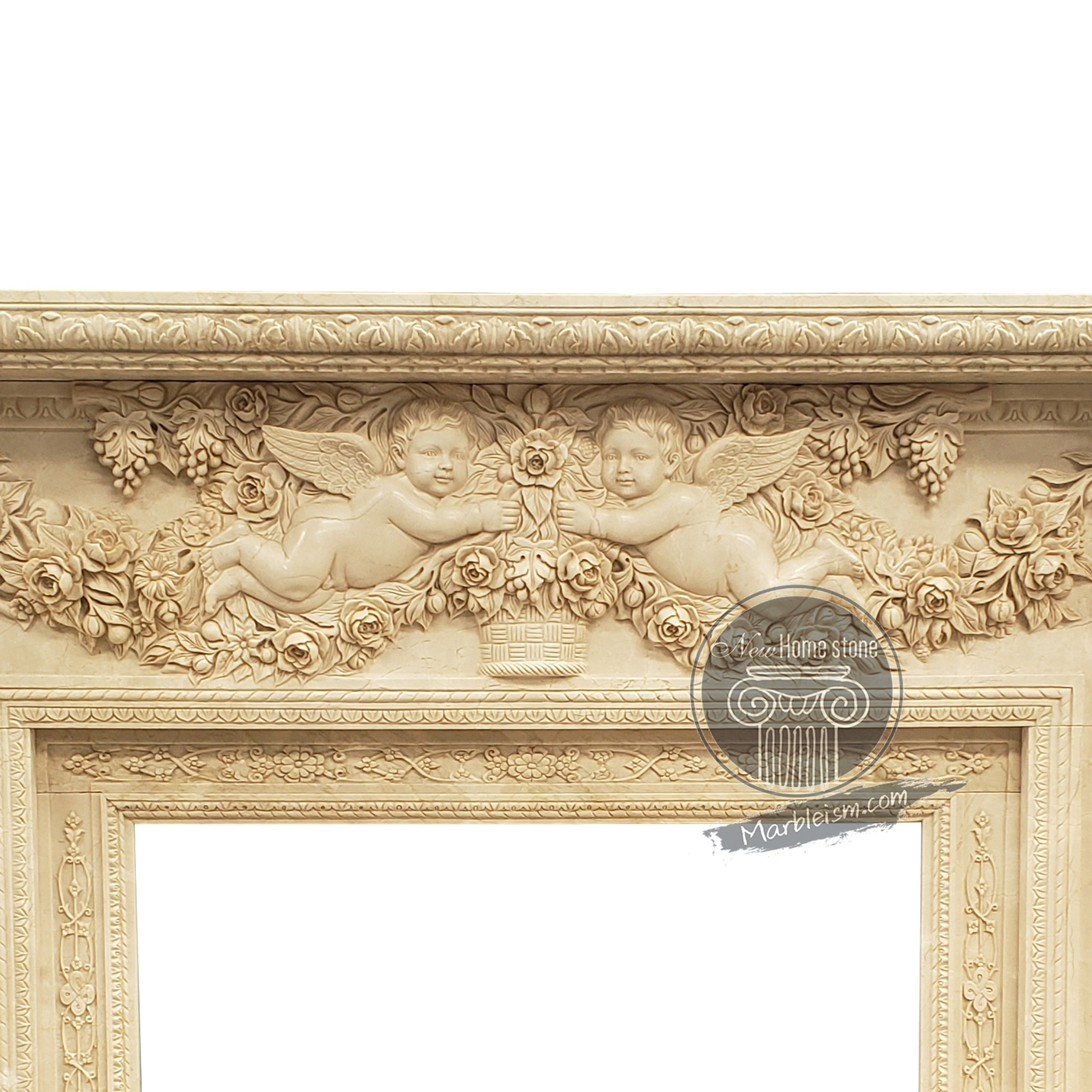 beige marble figurative fireplace mantel