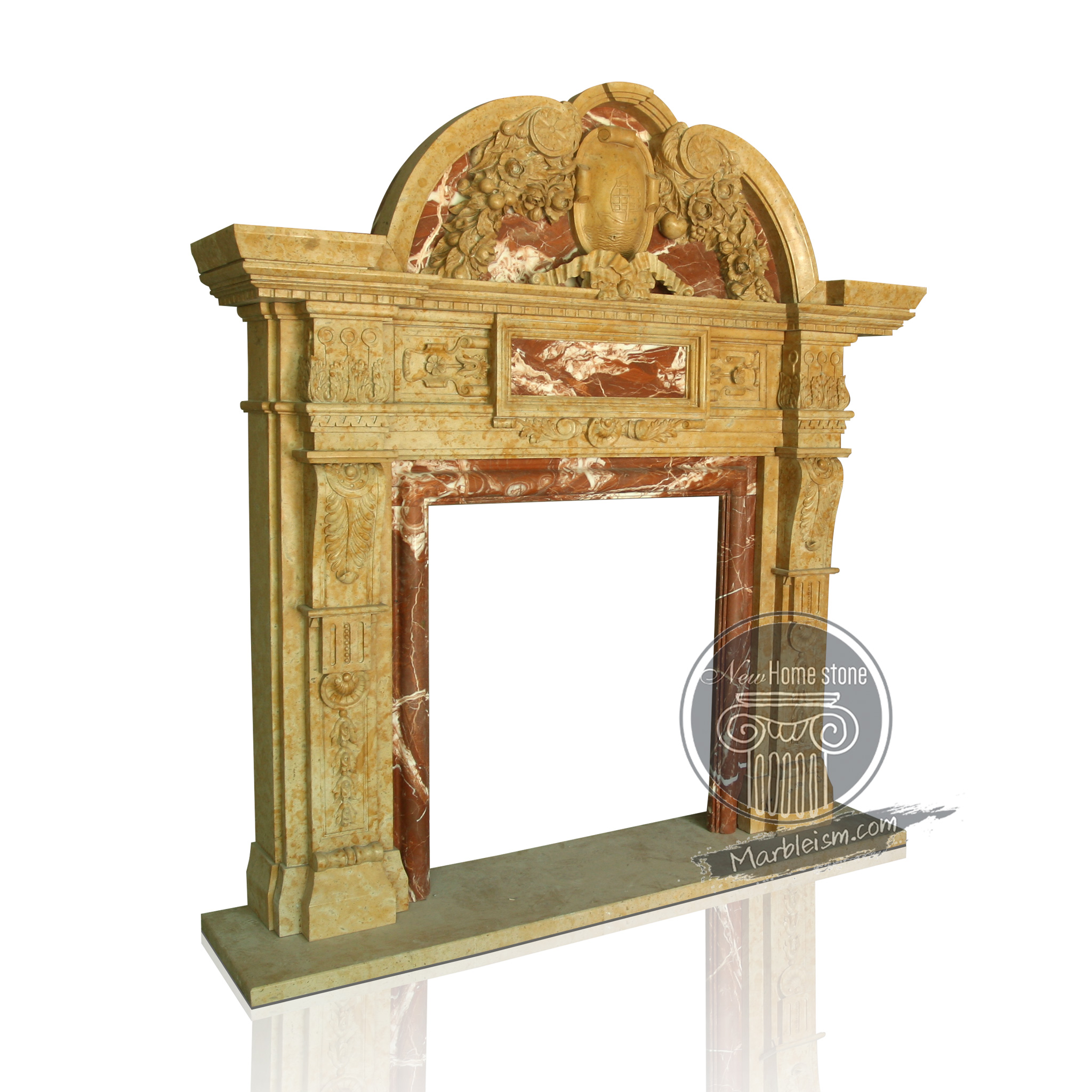 Golden stone fireplace mantel with small overmantel