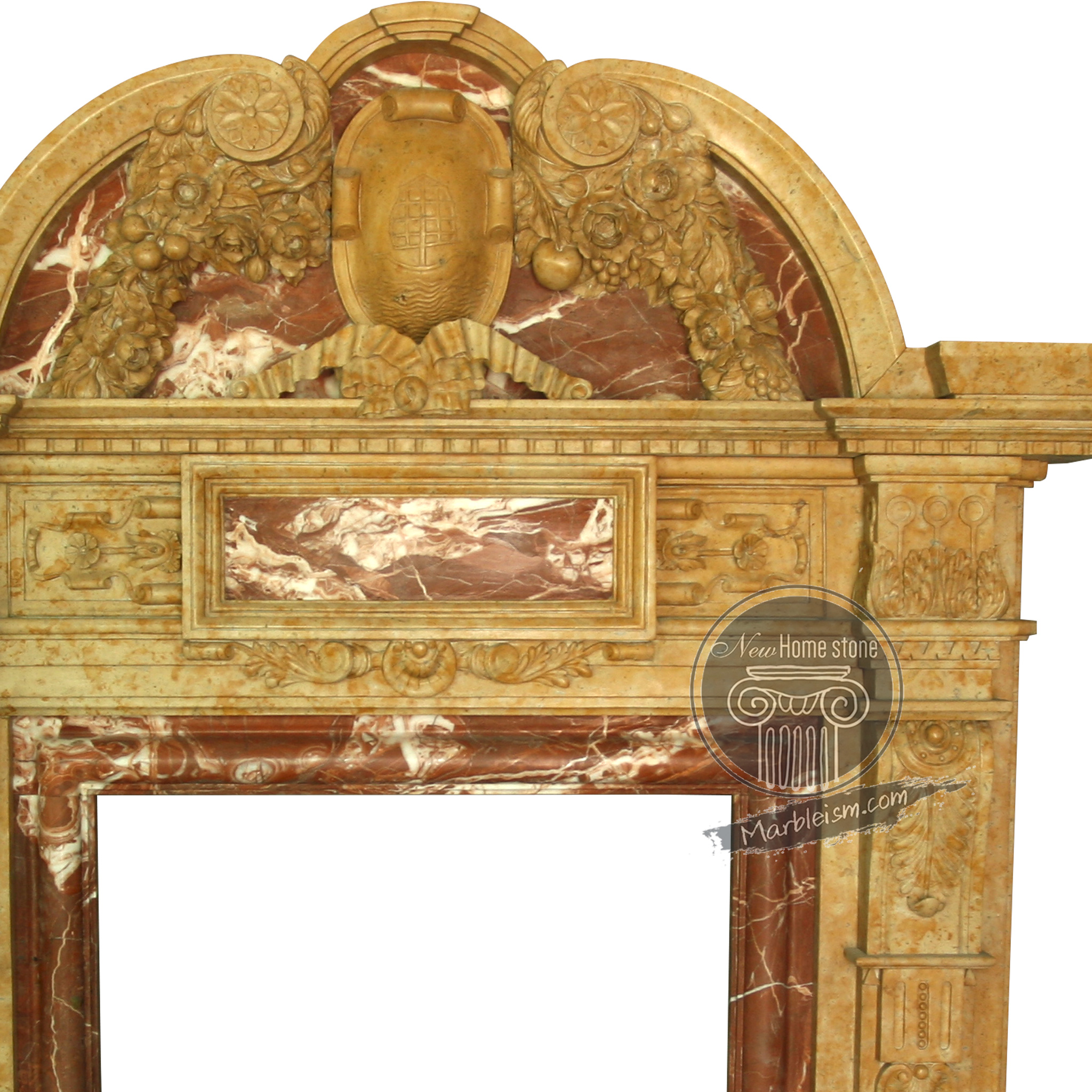 Golden stone fireplace mantel with small overmantel