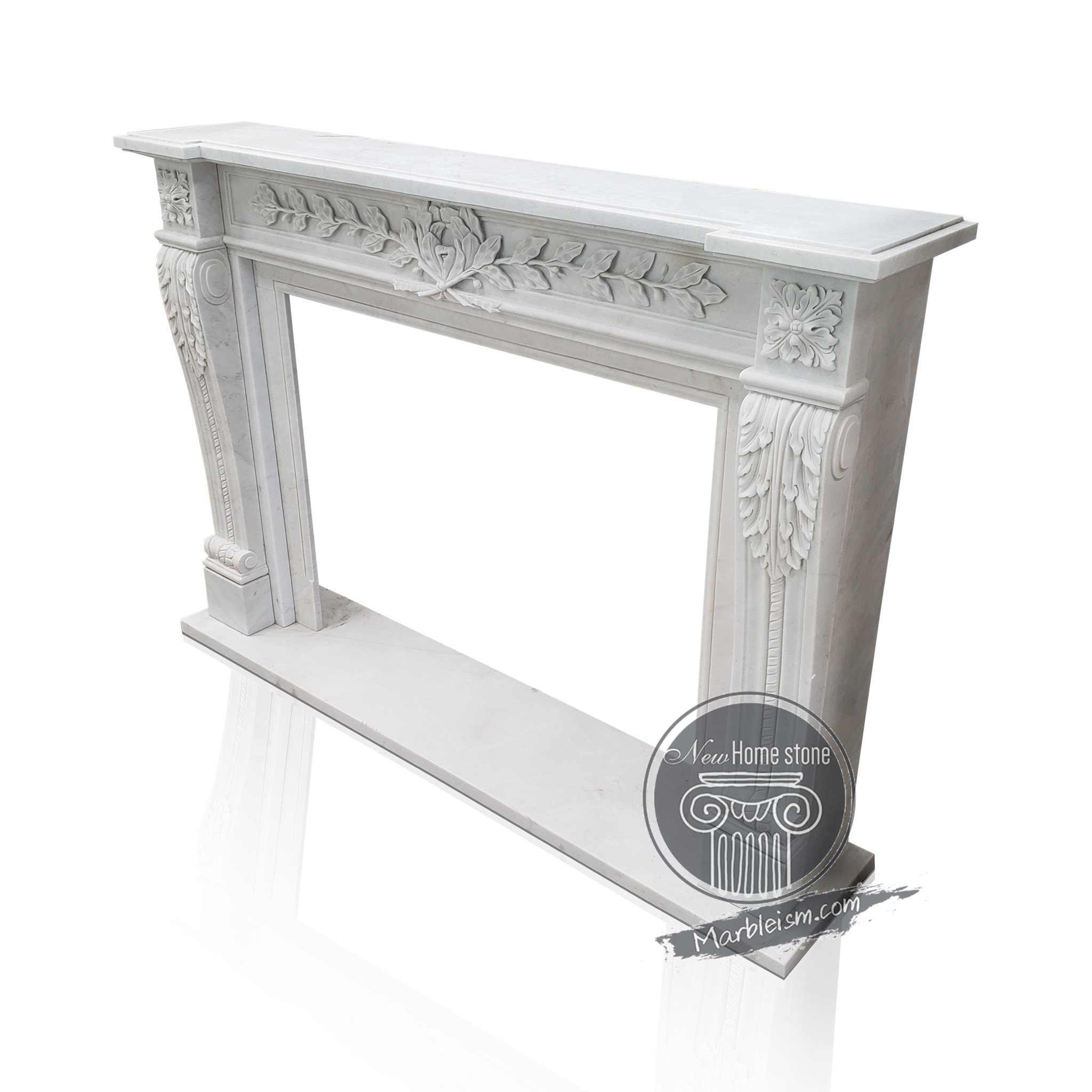 Carved white marble fireplace mantel