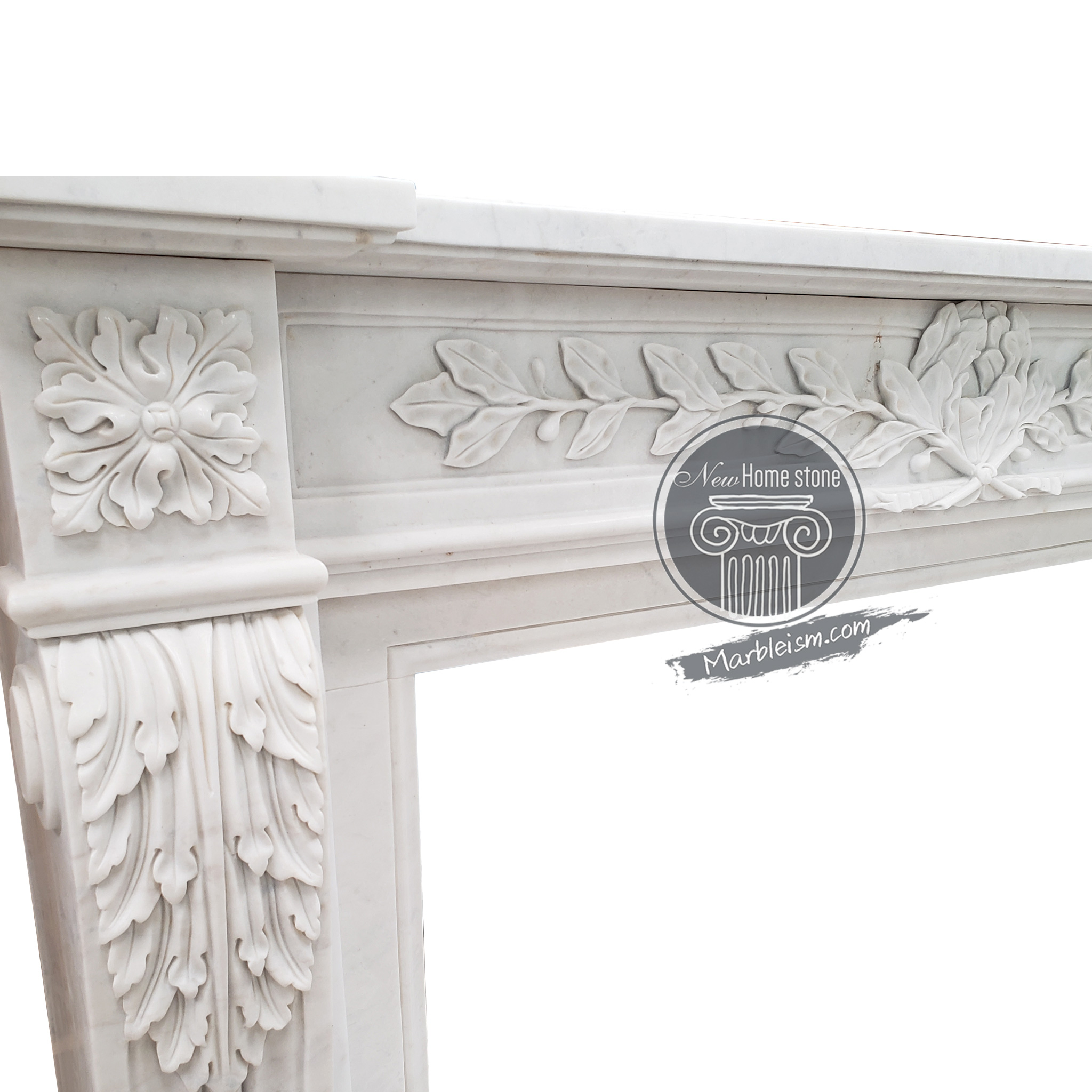 Carved white marble fireplace mantel