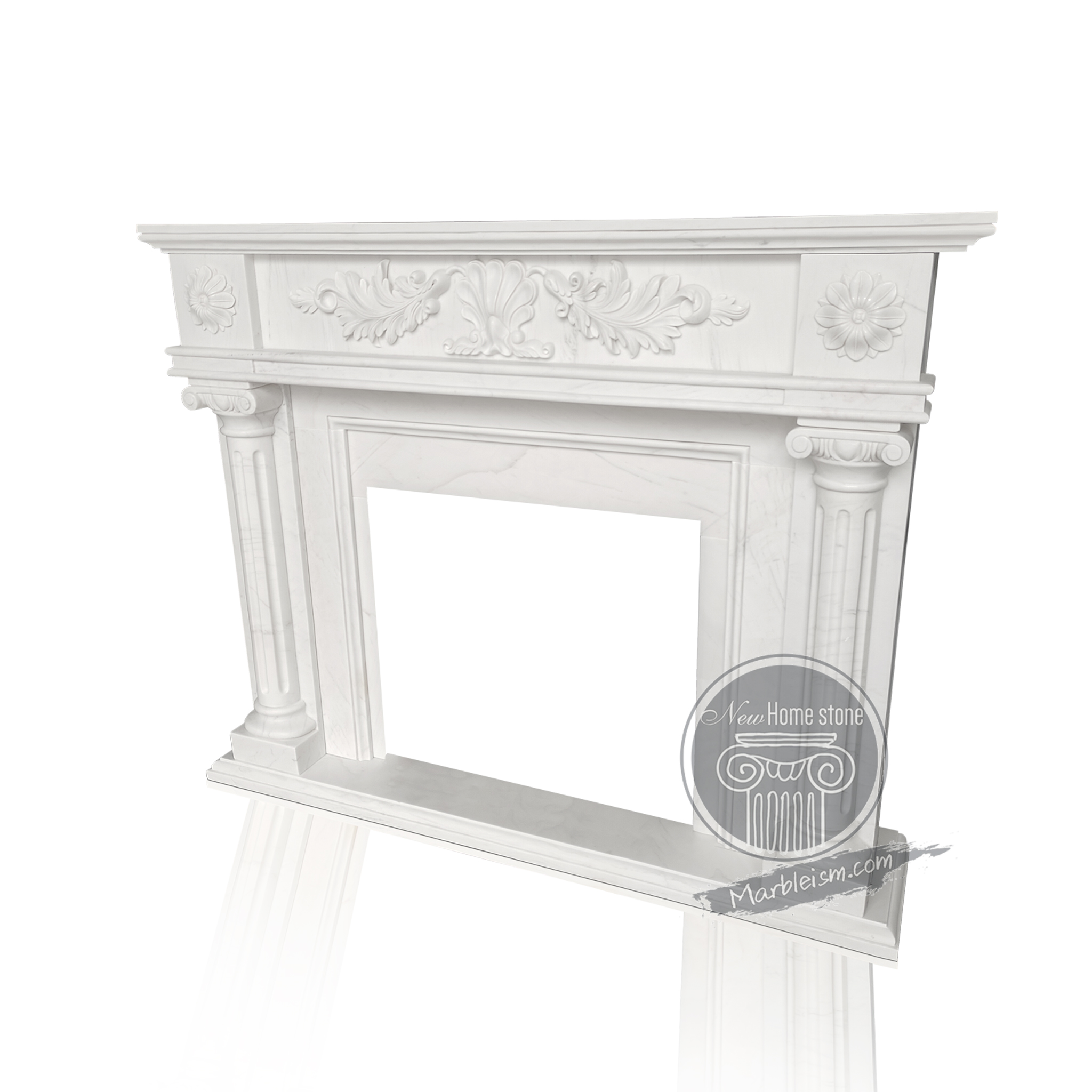 Floral White Marble Fireplace Mantel – Louis XIII Historic Designer Mantel 