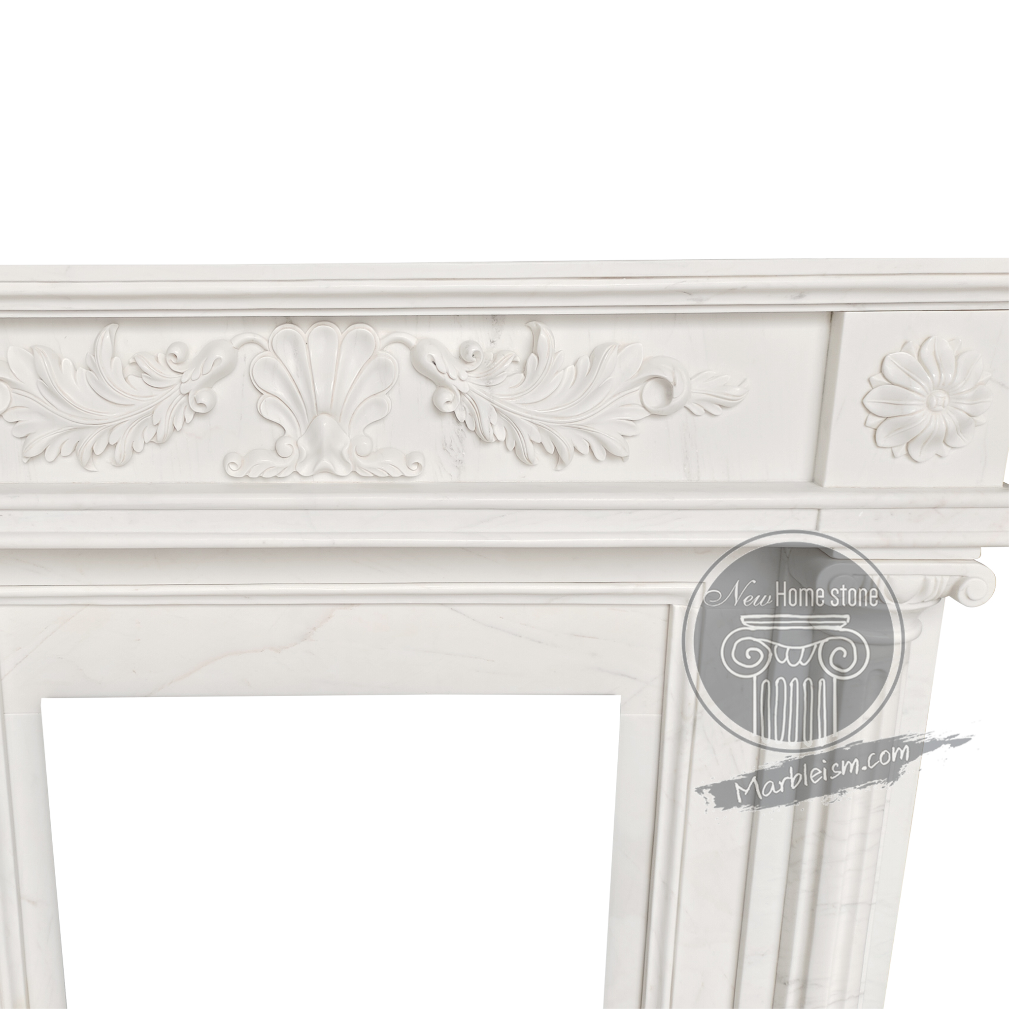 Floral White Marble Fireplace Mantel – Louis XIII Historic Designer Mantel 