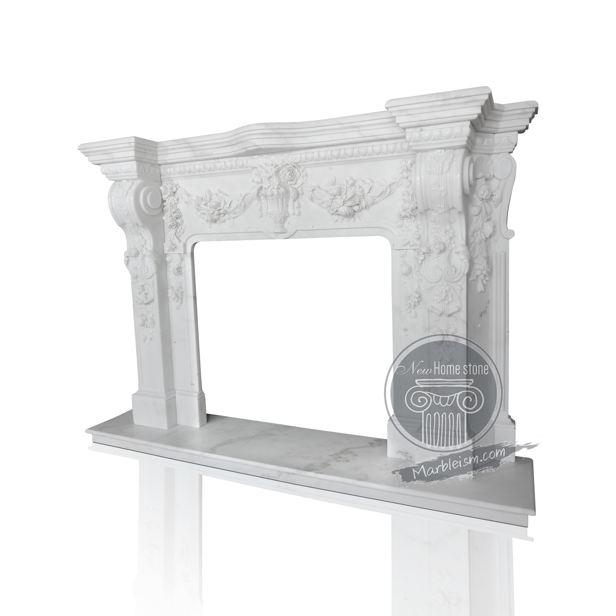 marble fireplace mantel with floral carving