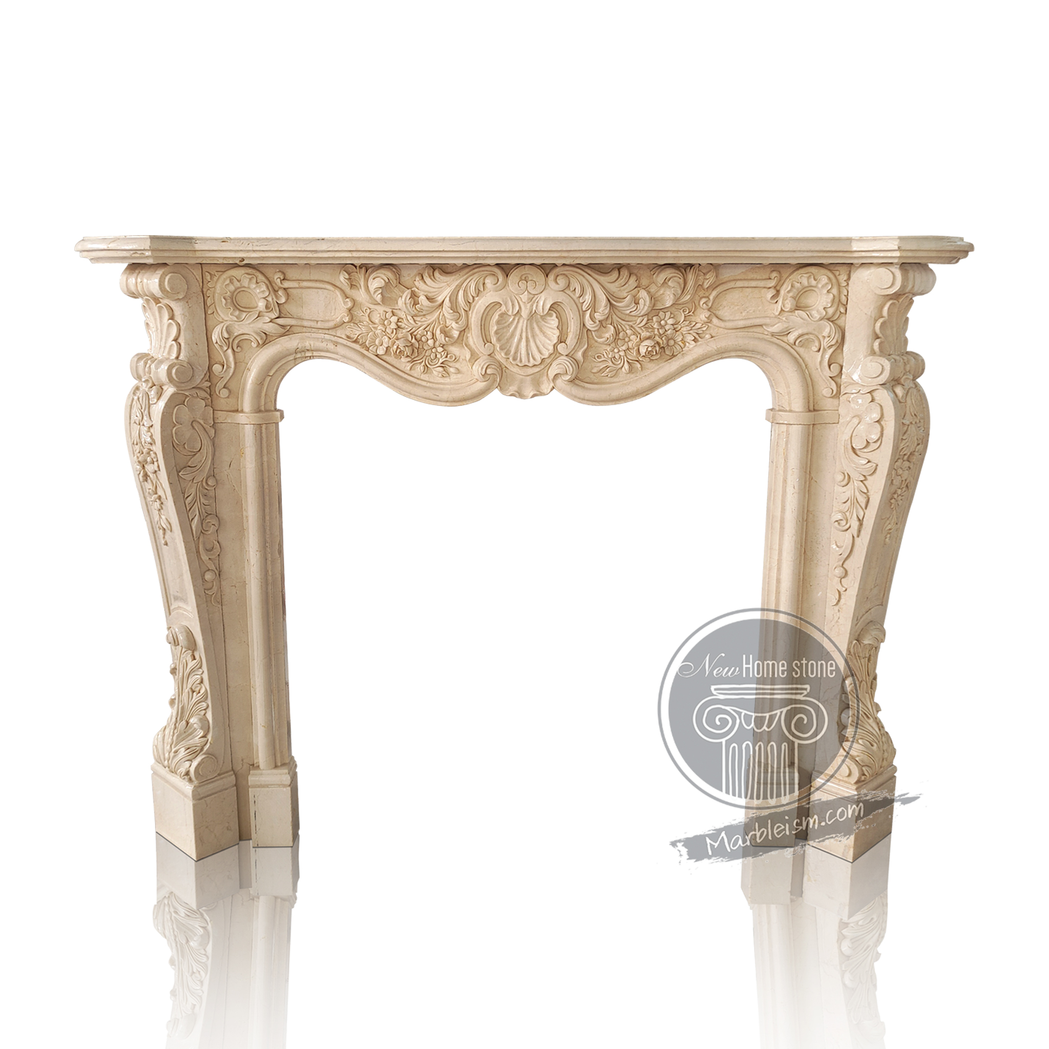 Beige marble fireplace surround