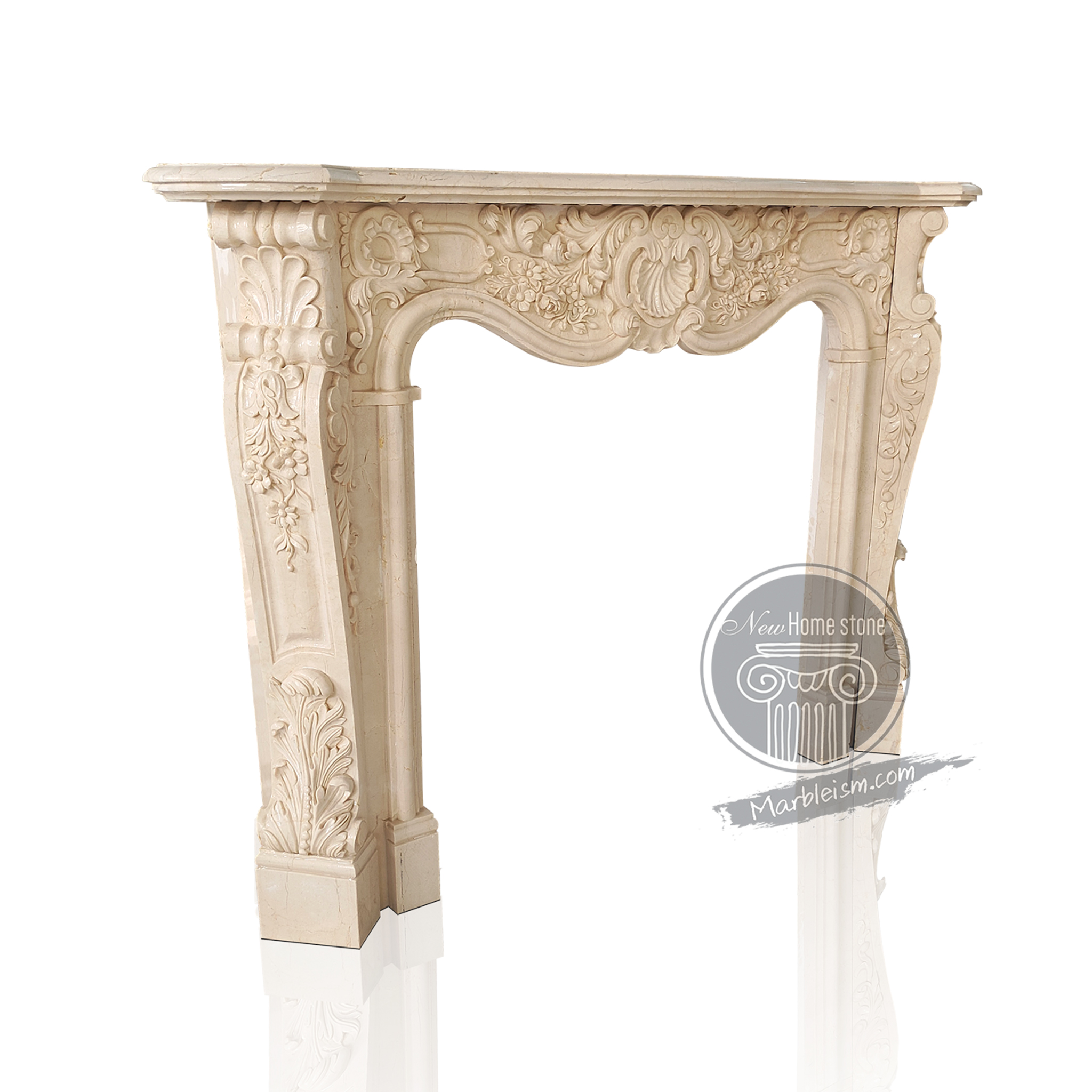 Beige marble fireplace surround