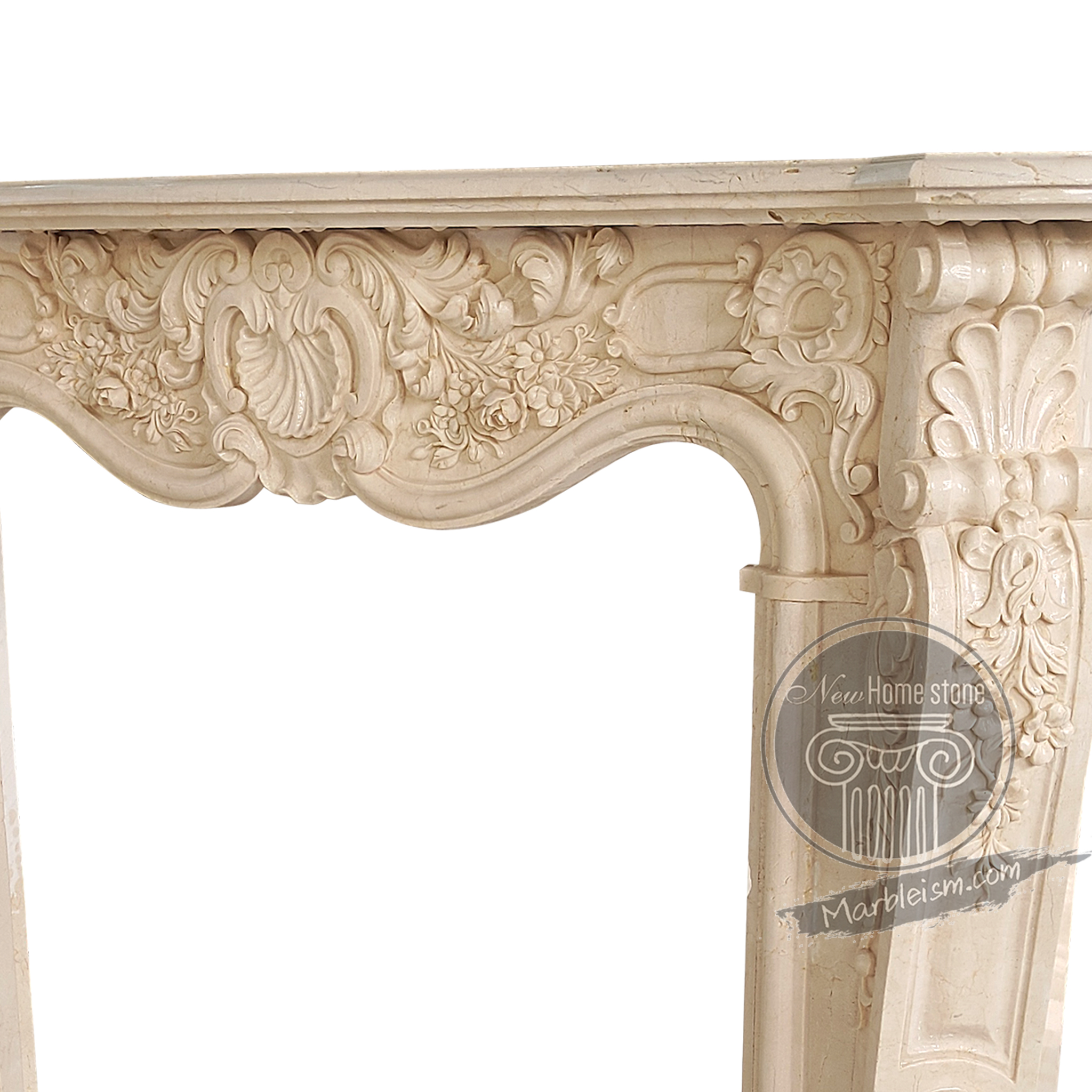 Beige marble fireplace surround