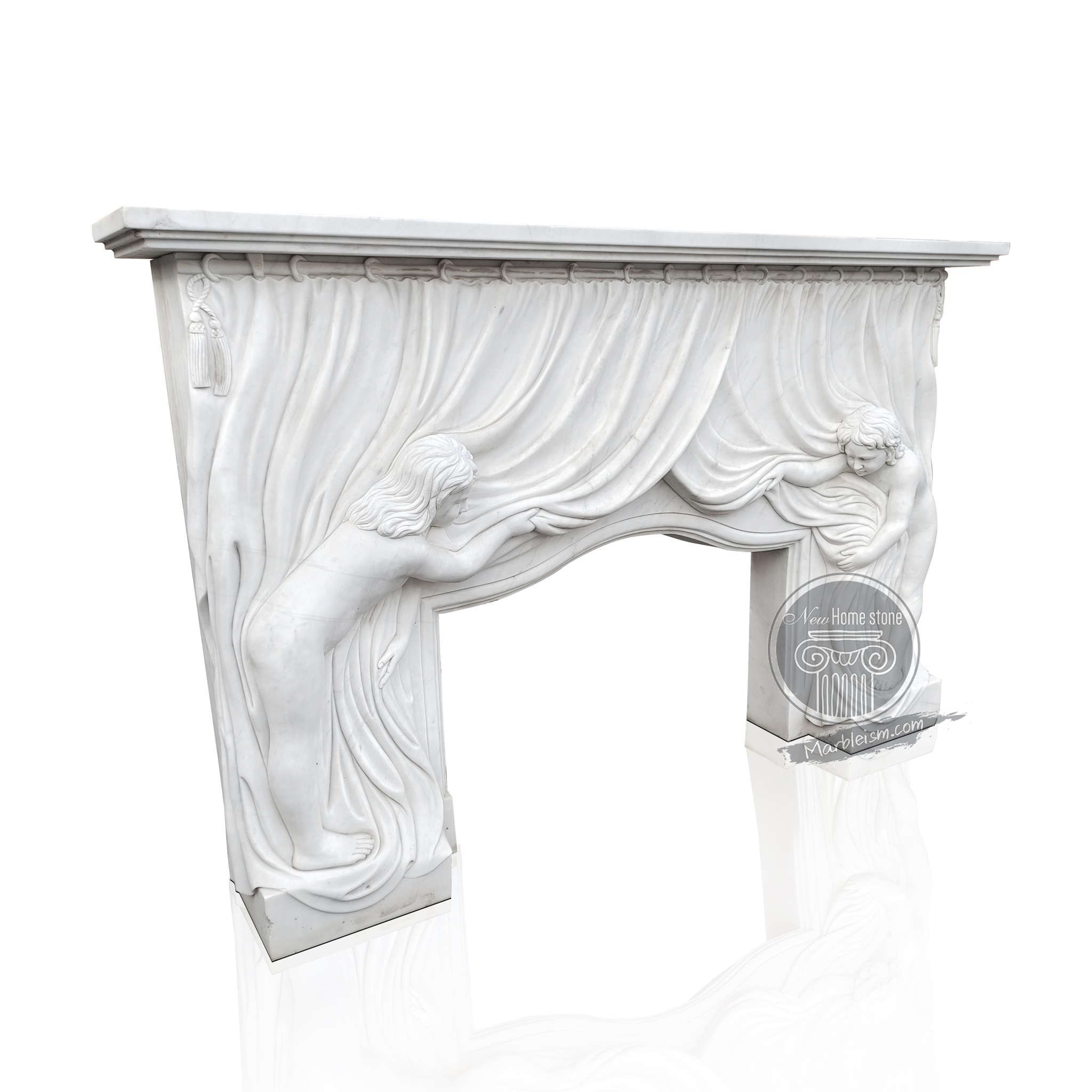 MARBLE FIREPLACE WITH TWO FEMALE LIFTING CURTAIN