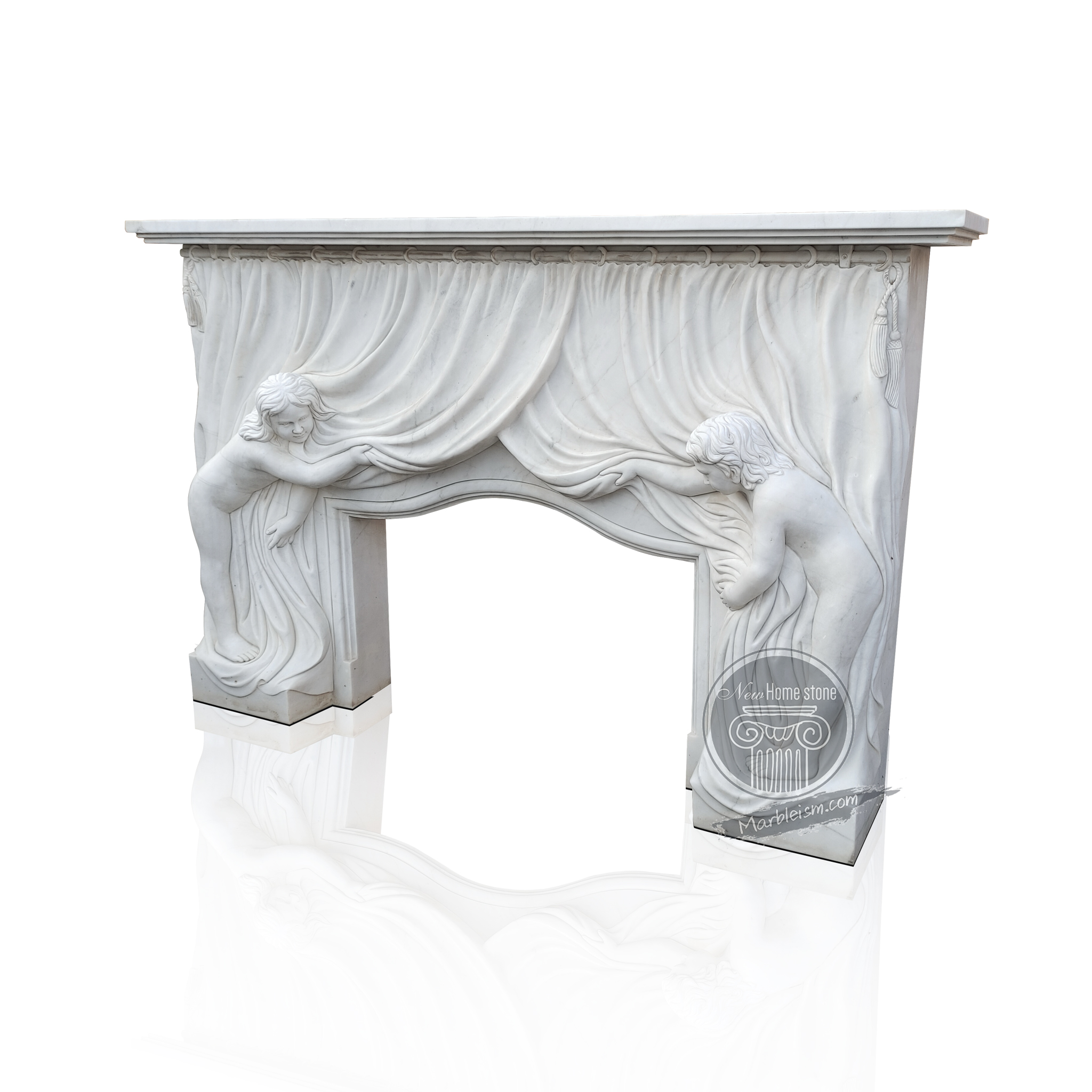 MARBLE FIREPLACE WITH TWO FEMALE LIFTING CURTAIN