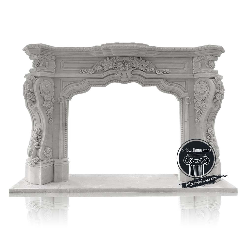 White marble fireplace centered with acanthus leaves details