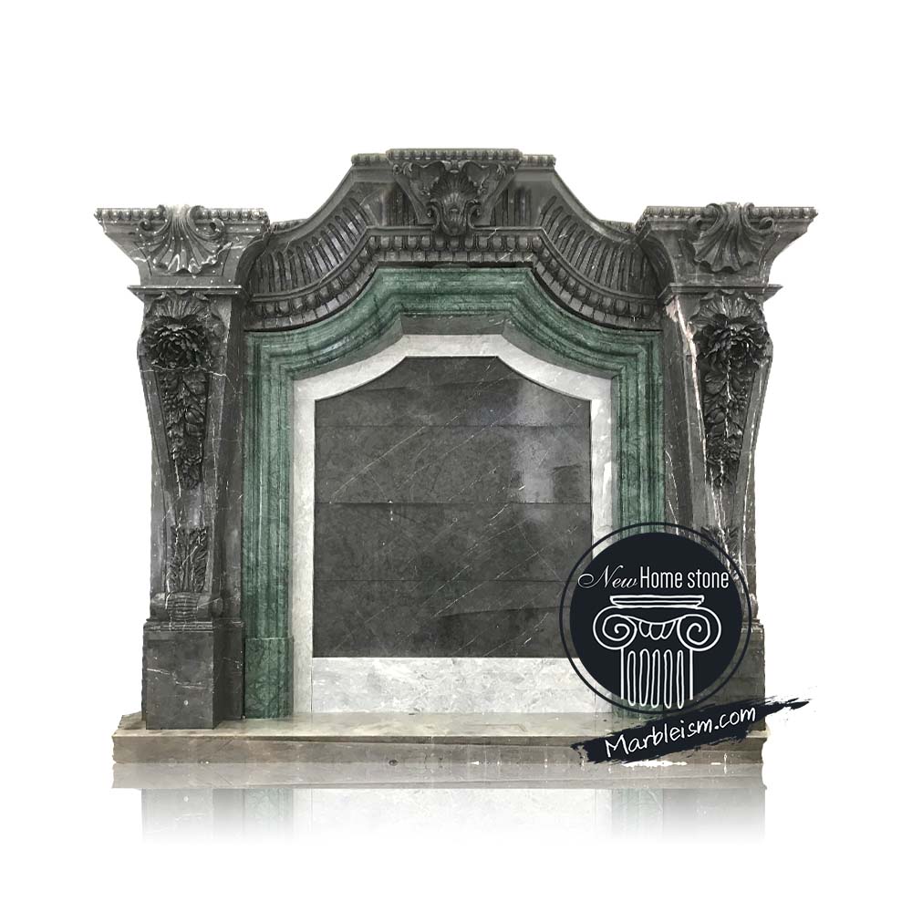 Tall black marble and Empress Green marble fireplaces surround