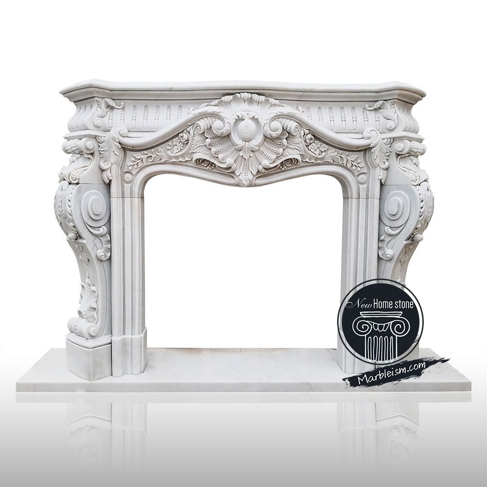 Honed white marble fireplace surrounds