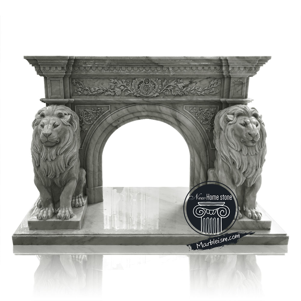 Grey hue fireplace mantel with Large lion sculpture