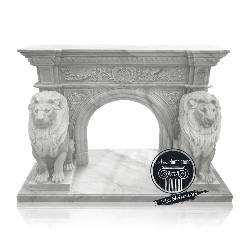 White marble lion statues fireplace surrounds