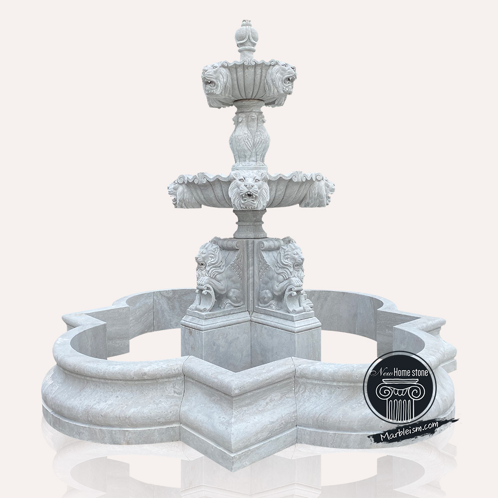 White Marble Lion Head Garden Fountain with pool surround