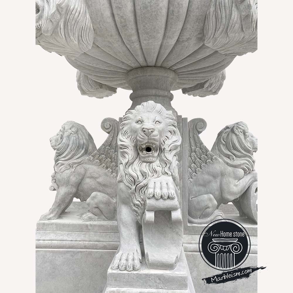 White Marble Lion Head Garden Fountain with pool surround