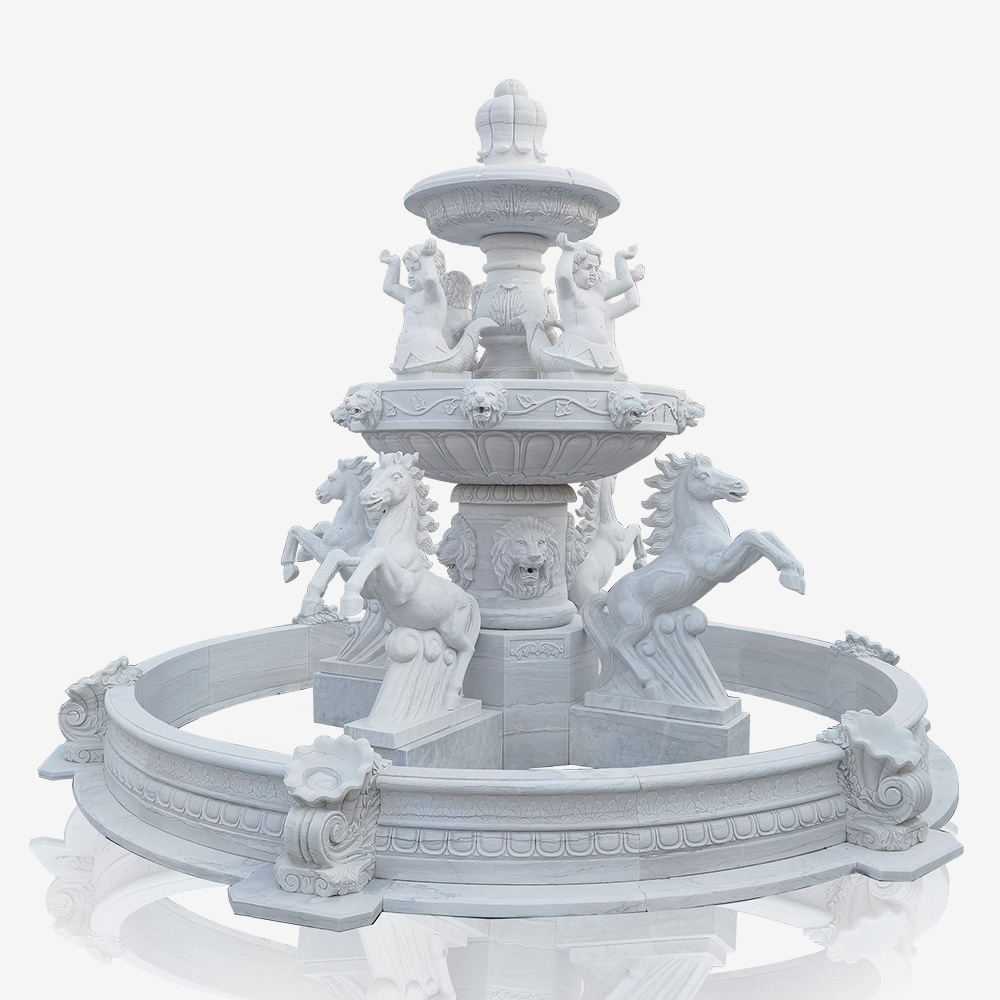3 Layer Marble Fountain With Horse Statues